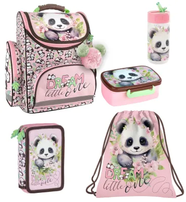 Produktbild von Panda Pandabär  Schulset 5tlg. Tornister Schulranzen / Federtasche / Trinkflasche / Brotdose / Turnbeutel