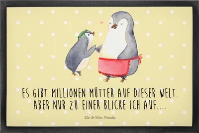 Produktbild von Mr. & Mrs. Panda fußmatte Pinguin mit Kind 40 x 60 cm - Gelb Pastell - Geschenk, Mama, Türmatte, Mutter, Schmutzfangmatte, Schuhabstreifer, Bodenvorleger, Muttertag