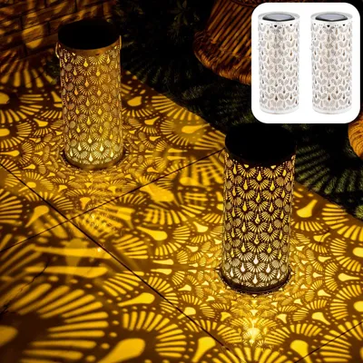Produktbild von Marrakesch 2er Set Solarlaterne für außen mit Henkel aus Metall 30cm Groß | Orientalische Outdoor Solar LED Laterne Fava Weiss IP65 Wasserdicht als Gartendeko Deko