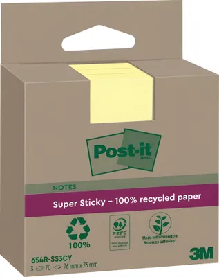 Image de Post-it Super Sticky Recycling Notes 76 x 76 mm jaune 3 blocs à 70 feuilles
