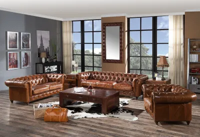 Image de Design Club Lounge Canapé 4 places en cuir Canapé 3 places en cuir vintage Chesterfield