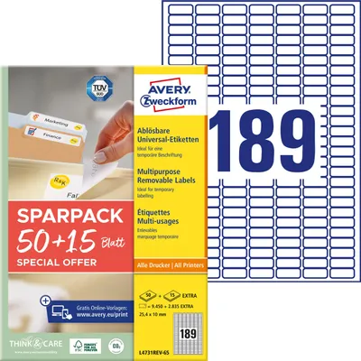 Produktbild von Avery Zweckform L4731REV-65, Universal-Etiketten, A4, 25,4 x 10 mm, 12.285 Etiketten / 65 Bögen, weiß