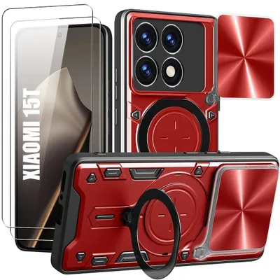 Image de Coque + 2 Verres Trempés pour Xiaomi 15T, Antichoc avec Anneau et Protection Objectif Coulissante - Rouge