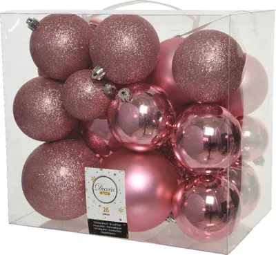 Produktbild von Weihnachtskugeln Kunststoff 6-10cm Mix 26er Set - Lippenstiftrosa