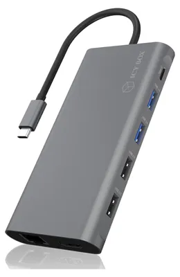 Produktbild von ICY BOX IB-DK4050-CPD, 12 in 1 USB Type-C® Notebook DockingStationk 2x HDMI 4K60Hz, 1x DP 4k60Hz, Kabelgebunden, USB 3.2 Gen 1 (3.1 Gen 1) Type-C, 100 W, 10,100,1000 Mbit/s, Anthrazit, MicroSD (TransFlash), SD