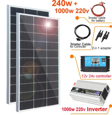Imagen del producto de Kit completo de panel solar de 240W: 2 paneles monocristalinos de 120W cada uno, con inversor y controlador. Ideal para caravanas y barcos