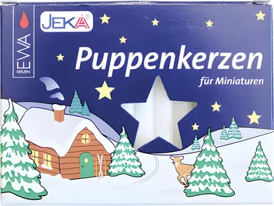 A box of white doll candles with a winter scene illustration.