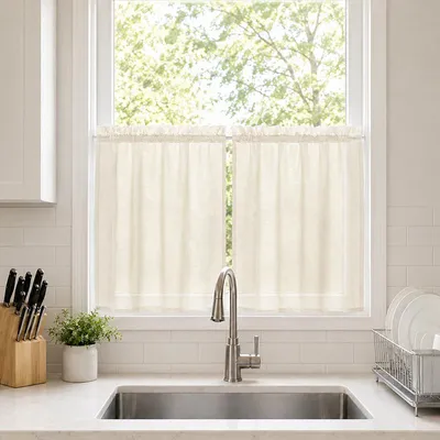 Produktbild von 2er Set Scheibengardinen Leinenoptik Halbtransparent Bistrogadinen Kurz Gardinen Voile Küchengardine, B85xH76cm, Beige