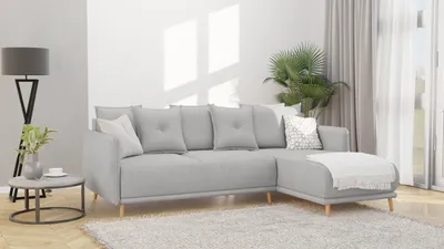 Produktbild von S-STYLE MÖBEL Radiant - Ecksofa mit Schlaffunktion und Bettkasten in scandinavischem Design mit Holzfüßen aus Silber Luxusmicrofaser - Ottomane rechts
