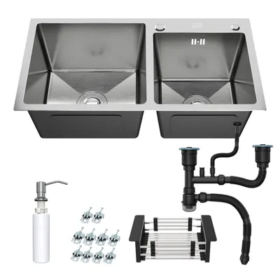 Obrázok produktu pre ANW HOME Nerezový kuchynský drez 78x43 cm, dvojkomorový topmount, hlboký, strieborný, oceľ 304 nano, so sifónom, dávkovačom 350 ml a odkvapkávačom set