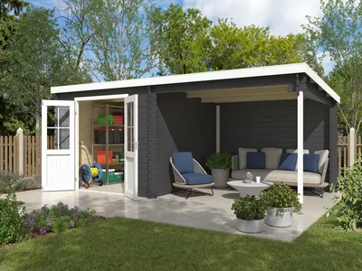 Produktbild von Lasita Gartenhaus Orlando Carbongrau 280x280 cm Blockbohlenhaus mit Anbaudach, 28 mm Wandstärke Fichtenholz Pultdach Gartenhaus mit Rückwand, Doppeltür, Nut und Feder, inklusive Holzschutzfarbe