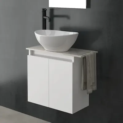 Produktbild von Alpenberger Aufsatzwaschbecken mit Unterschrank hängend, Keramikplatte 65cm, Kompletter Waschplatz aus Keramik & MDF/MFC, platzsparendes WC Waschbecken mit Unterschrank für Bad & Gäste-WC
