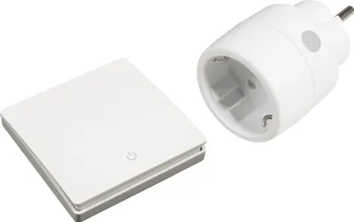 A white square wireless switch and a white electrical plug adapter are shown on a white background.