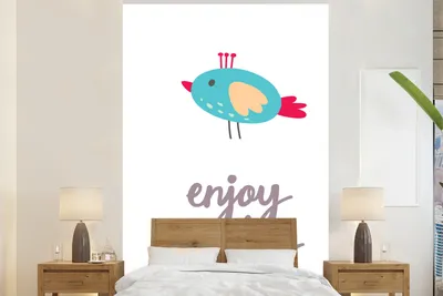 Produktbild von MuchoWow® Fototapete für Wohnzimmer oder Schlafzimmer Wandtapete Vinyl Motivtapete Illustration mit dem Zitat "Enjoy the day" und einem blauen Vogel - 225x350 cm - Schlafzimmer tapete