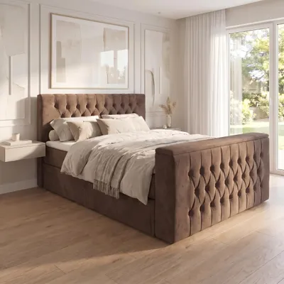 Produktbild von ELVORA DESIGNE Boxspringbett 180x200 cm HORIZON mit Bonellmatratze H3 & Topper, 2 Schubladen, Braun