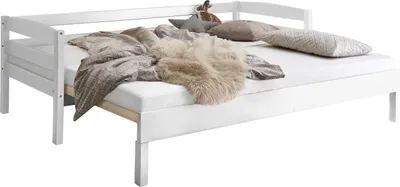 Produktbild von Relita Funktionsbett Emilia, Buche massiv weiß, 90/180x200 cm, ausziehbar, mit Sofa-Funktion, stabil, einfache Montage, für Rollroste, 6 cm Auflage für Umbaukissen seitlich & Rücken