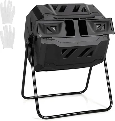 Productafbeelding van 160 liter trommelcomposteerder, tuincomposteerder met dubbele compartimenten, 360° draaibaar, composteerder met 2 schuifdeuren en handschoenen, snelle composteerder van PP en metaal, geschikt voor tuin en balkon, 70x63x93 cm (zwart)
