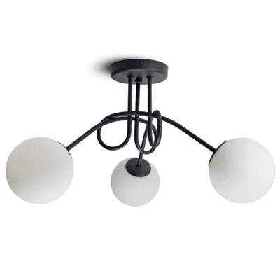 A black ceiling lamp with three white glass globes is shown against a white background.
