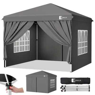 A gray pop-up canopy tent with side panels and windows, shown from the front, with smaller inset images showing assembly and a packed tent.