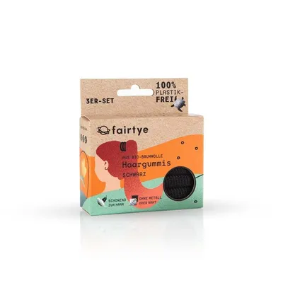Immagine prodotto di set di 3 cravatte per capelli nere Fairtye in cotone organico e gomma naturale, delicate ed ecologiche, senza metalli e cuciture irritanti, per tutti i capelli
