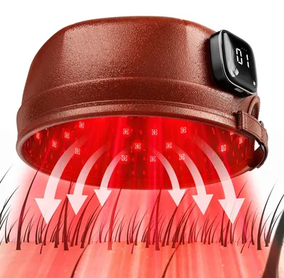 Obrázek produktu pro Bezdrátová laserová čepice pro stimulaci růstu vlasů – terapie proti vypadávání vlasů – 120 diod, vlnové délky 660 nm a 850 nm – nízkointenzivní laserová terapie (LLLT) – 4 úrovně – baterie 3000 mAh – adaptér s konektorem pro EU, napětí 100–240 V – hnědá sada