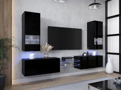 Obrázok produktu pre Furnitech Obývacia stena - Nábytok do obývačky s LED modrou - Závesná moderná stena - Obývacia stena s policami a TV skrinkou (AN21-NEW-21B-HG1-1B)