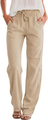 Productafbeelding van Kaki zomerbroek voor dames van een katoen-linnenmix, effen model met elastische sluiting