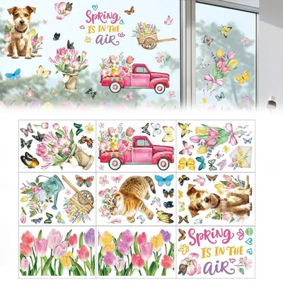 9 selbstklebende Fensteraufkleber, Frühlings-Sommer-Motive, Tiere, Blumen