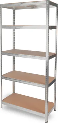 A silver metal shelving unit with five wooden shelves, shown against a white background.