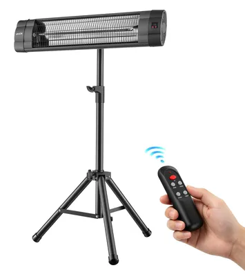 Imagen del producto de Calentador infrarrojo VEVOR de 2500 W con base y trípode, calefactor exterior infrarrojo para terraza, jardín y balcón, con 3 niveles de calefacción, mando a distancia, panel de control, temporizador de 24 horas, material PP