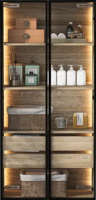 Produktbild von Merax Glasvitrine mit LED, 2 Türen, 2 Schubladen, Regalen, Staubdicht Hochschrank, Badezimmerschrank, Stehend Vitrine, 74x36x155cm, Natur
