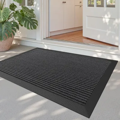 Productafbeelding van Buitenmat, antislip, vuilafschermende mat, wasbaar, weerbestendig, 60 x 90 cm, gestreept, grijs