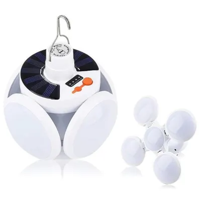 A solar-powered LED lantern and a separate LED bulb.