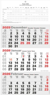 A calendar showing the months of December 2025, January 2026, and February 2026, with holiday information.