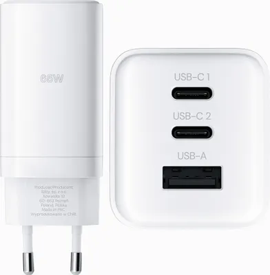 A white 65W GaN PD QC charger with two USB-C ports and one USB-A port.