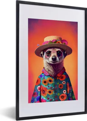 Produktbild von MuchoWow® Gerahmtes Poster Erdmännchen - Blumen - Hut - Tiere - Porträt 40x60 cm - Poster mit Schwarzem Bilderrahmen Wandposter Rahmen Foto Bilder - Poster in Rahmen