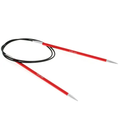 A pair of red circular knitting needles with a black cable, isolated on a white background.