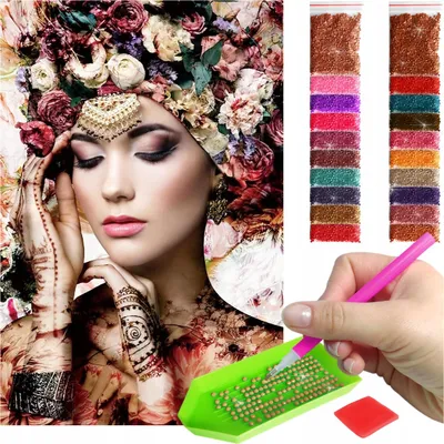Zdjęcie produktu dla Haft diamentowy ARTULIO – Kobiecy portret w kwiatach – 60 × 40 cm – Diamond painting, Kompletny zestaw: mozaika + akcesoria