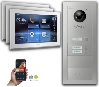 Produktbild von Goliath IP Video Türsprechanlage: 10-Zoll 3Familienhaus, Anzeige, Silber : 10 Zoll Weiß : 4er POE : Unterputzdose Anschluss: 4er POE Monitor Farbe: 10 Zoll Weiß Montage: Unterputzdose