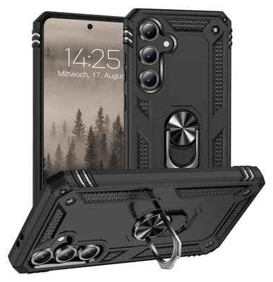 A black protective phone case with a ring holder, shown from multiple angles, with a phone inside one of the cases.