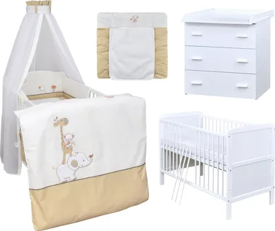 Produktbild von Baby-Delux Babyzimmer Babybett Wickelkommode Weiss Bettwäsche Komplett Set Zirkus Beige