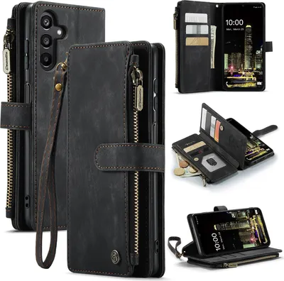 Immagine prodotto di Custodia in pelle per Samsung Galaxy A16 5G/4G, custodia in Finto cuoio con chiusura a cerniera, chiusura magnetica, tasca per carte, supporto, custodia portafoglio nero