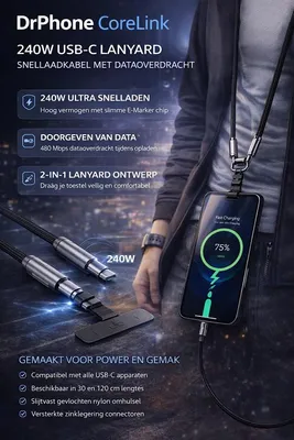 Productafbeelding van DrPhone CoreLink 240W Dubbelle USB-C Snellaadkabel – 480Mbps Dataoverdracht –