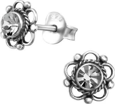 Produktbild von Ohrringe Ohrstecker 925 Sterling Silber Blume mit Kristall in verschiedenen Farben Farbe - Grau