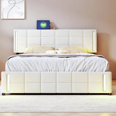 Produktbild von Beige Polsterbett Leinen 140x200cm (Ohne Matratze) mit LED-Lichtsteckdose 4 Schubladen gepolstert flaches Einzelbett Kinderbett Jugendbett Gästebett