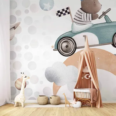 Produktbild von Vlies Fototapete - Teddy Bear in a Racing Car 450x315 cm Für Kinder e-C-10064-a-a