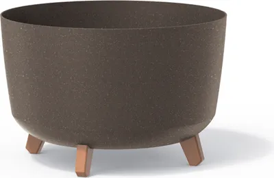 A brown planter pot with three wooden legs on a white background.