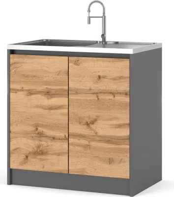 Zdjęcie produktu dla Szafka Kuchenna Stojąca Z Blatem Pod Zlew Bella 80Cm Szary Mat Dąb Wotan