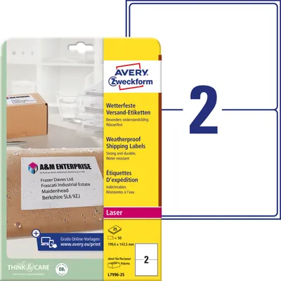 Obrázek produktu pro Avery L7996-25, Bílá, Polyester, Laser, 199.6 x 143.5 mm, 50 kusů