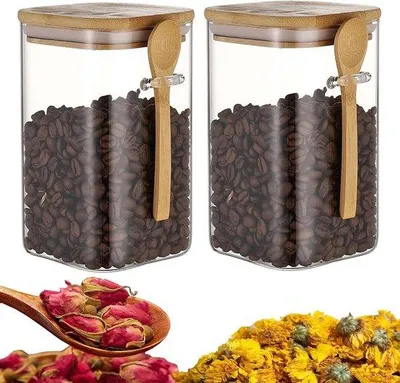 Immagine prodotto di Contenitori di vetro per la conservazione - Contenitore ermetico con coperchio in bambù e cucchiaino - Barattolo trasparente per chicchi di caffè, zucchero, erbe aromatiche - 1000 ml